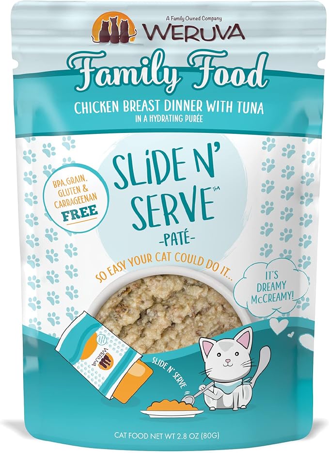Weruva Wet Cat Food, Family Food with Chicken and Tuna Pate, 2.8oz Slide N Serve Pouch, Pack of 12