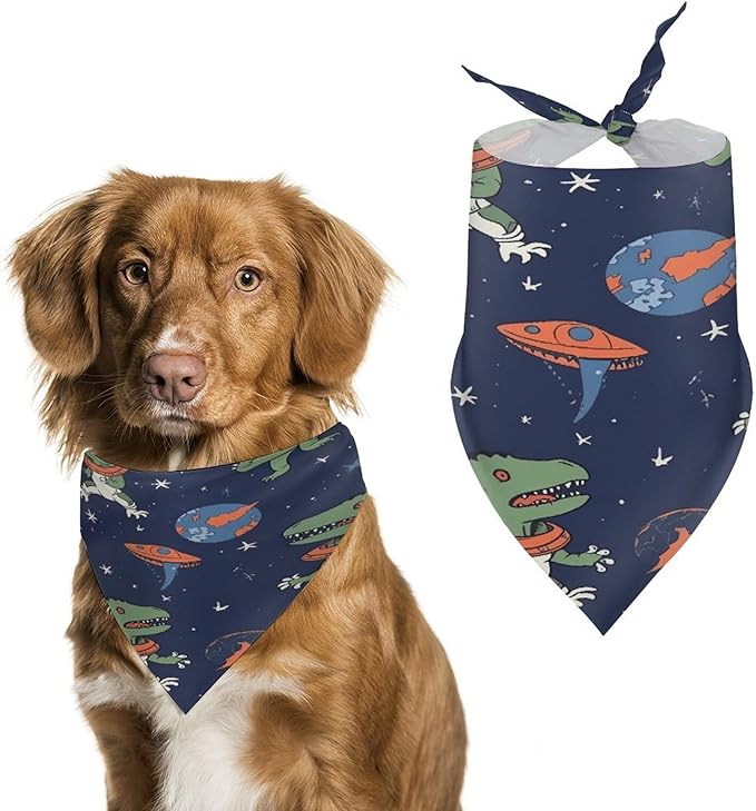 Dog Bandana Spring Pet Scarf Adjustable Triangle Funny Astronaut Dinosaur Rocket Printing Dog Bib Washable Polyester Puppy Bandana for Small Medium Large Dogs Cat Birthday Party Supplies