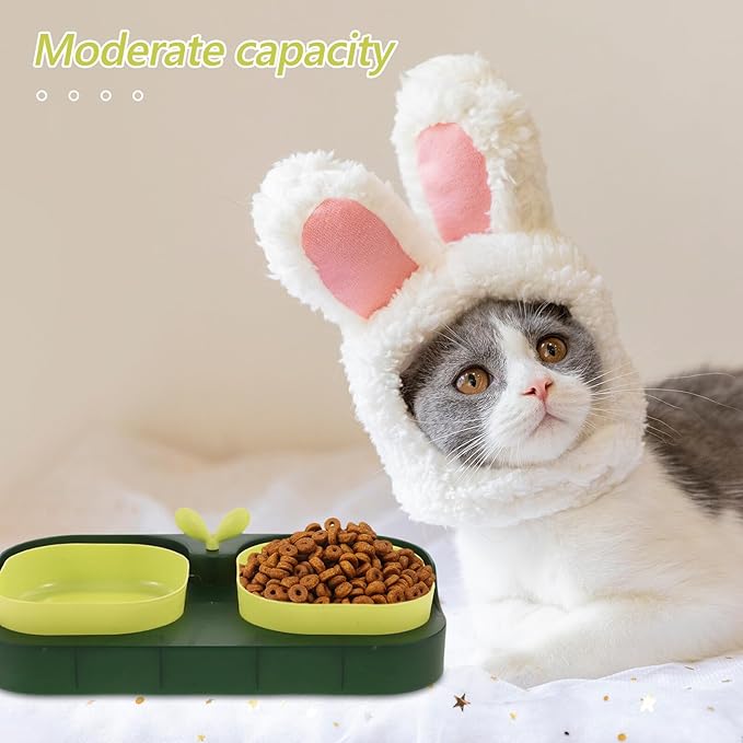Cat and Dog Double Bowl Pet Feeder Set, Plastic Sturdy Food and Water Bowls for Indoor Feeding, Puppy and Kitten Feeding Supplies, Moss Green