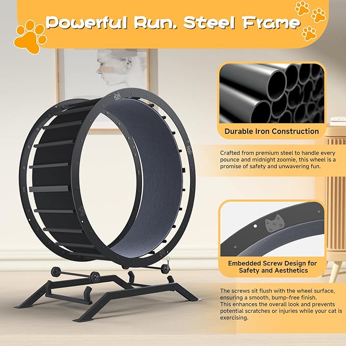 GTPLAYER Cat Wheels, Large Cat Exercise Wheel for Indoor Cats, 40"Diameter cat treadmill Detachable Carpet & Teaser, stickers, Ultra-quiet scroll wheel With latch, Suitable for Most Cats, Metal, Black