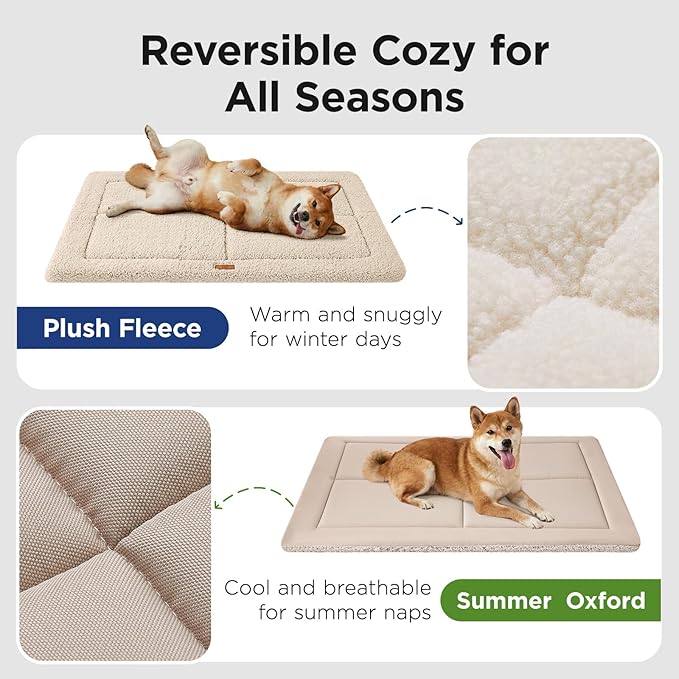 Reversible Dog Crate Pad Bed for Extra Large Dogs,Washable & Non-Slip Kennel Pet Mat, High Density Foam and Soft Fleece Cat Bed for Indoor & Outdoor Use, 48" x 30", Cream White