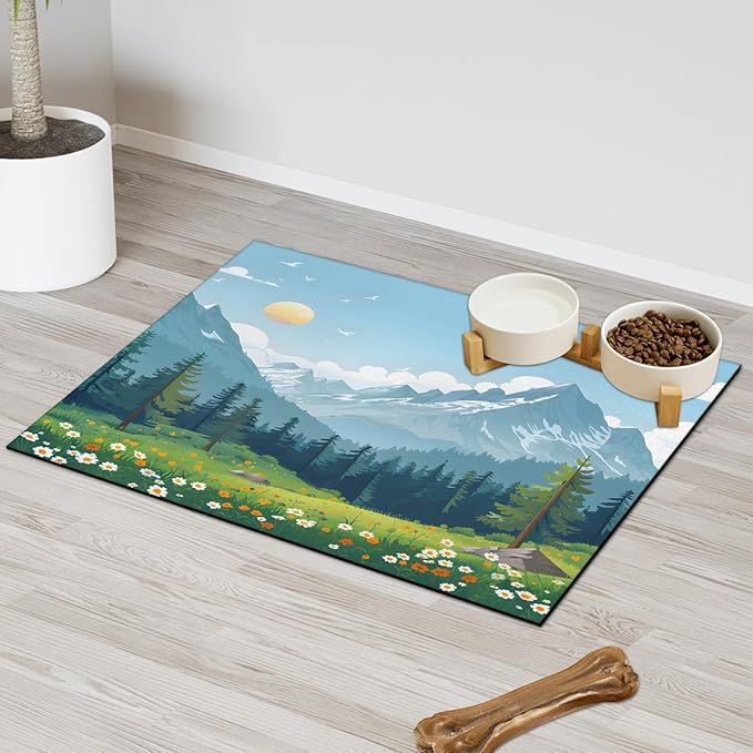 Mountain Dog Food Mat for Floors Absorbent, Quick Dry Water Dispenser Mat for Food, Water, Pet Supplies 16" x 24", Woodland
