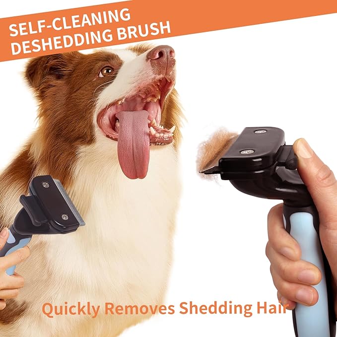 Pet Deshedding Tool, Self Cleaning Pet Grooming Rake, Deshedding Hair Brush with Stainless Steel Teeth and Rubber Handle, for Dog Cat Short Medium and Long Pet Hair (Small)