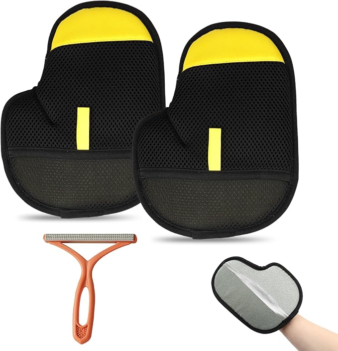 Pet Hair Removal Glove for Cats & Dogs,Upgraded Reusable Electrostatic Pet Hair Glove,Hair Remover(2 Pack Glove,1Red Lint Scraper) for Clothing,Bed,Carpet,Not for Use on Pets Direct.