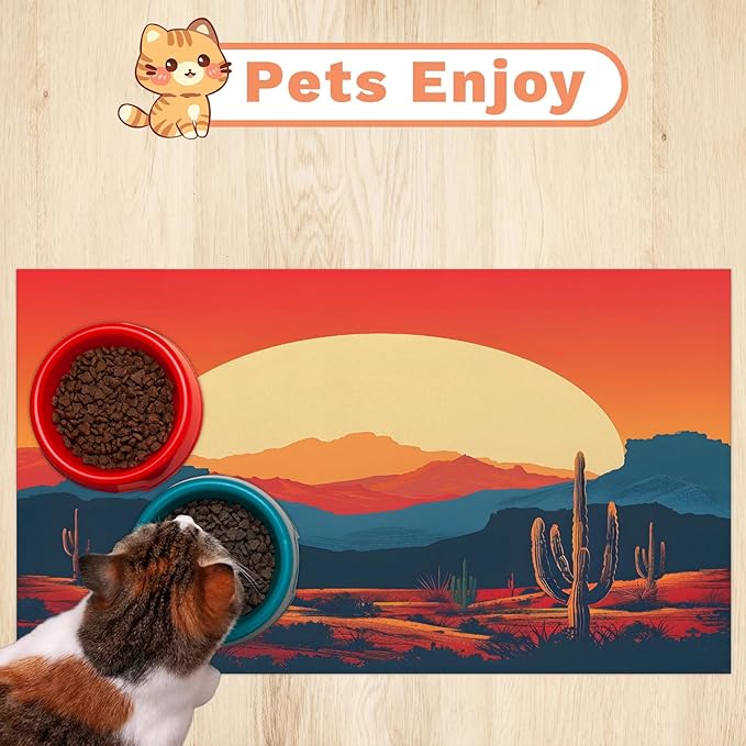 Boho Sunrise Dog Food Mat for Floors Absorbent, Quick Dry Water Dispenser Mat for Food, Water, Pet Supplies 17" x 30", Desert Cactus
