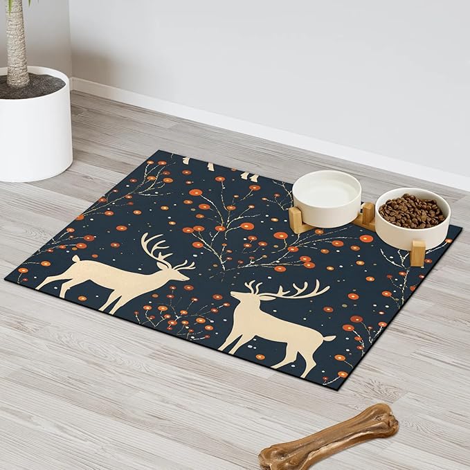Christmas Deer Dog Food Mat for Floors Absorbent, Quick Dry Water Dispenser Mat for Food, Water, Pet Supplies 12" x 20", Holly