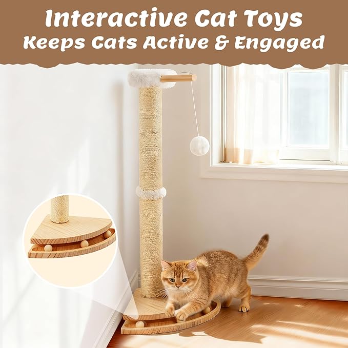 Cat Corner Scratcher with Interactive Ball Toys for Indoor Cats, Sisal Cat Scratching Post with Danging Ball for Wall Corners Furniture Protector 28''