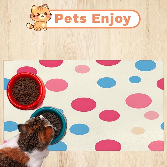 Polka Dot Dog Food Mat for Floors Absorbent Dog Bowl Mat for Food and Water Dispenser Quick Dry Cat Food Placemat Pet Supplies 17" x 30", Pink Blue