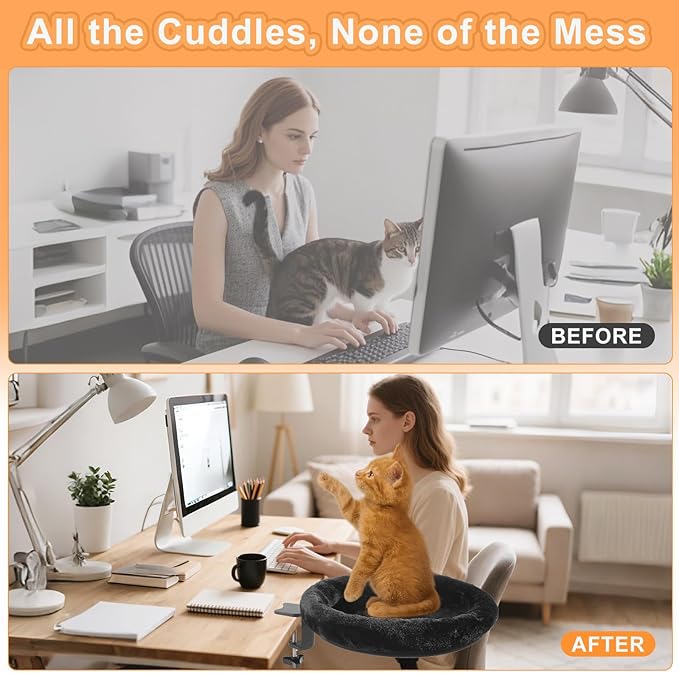 Cat Desk Bed - Ergonomic cat Desk Perch Clamp for Remote Workers - Quality Desktop Suspended Cat's Bed- Rotating Cats Hammock Desk with Removable Cover, Desk Nest Cat Bed Hold UP to 50LBS, Black