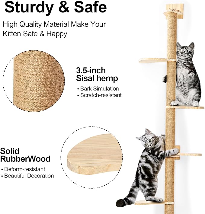 Tall Cat Tree,Indoor Wall-Mounted Cat Scratching Post,4 Tier Floor to Ceiling Cat Tower,Suitable for Cats Climb, Scratch, Lookout and Play(Height 76.8 in)