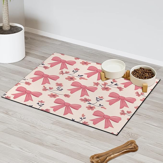Pink Bow Dog Food Mat for Floors Absorbent, Quick Dry Water Dispenser Mat for Food, Water, Pet Supplies 17" x 30", Flower