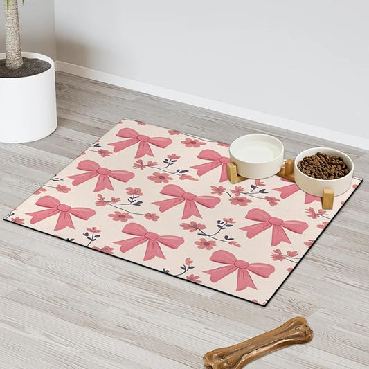 Pink Bow Dog Food Mat for Floors Absorbent, Quick Dry Water Dispenser Mat for Food, Water, Pet Supplies 24" x 32", Flower