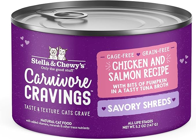 Stella & Chewy's Carnivore Cravings Savory Shreds Cans – Grain Free, Protein Rich Wet Cat Food – Cage-Free Chicken & Wild-Caught Salmon Recipe – (5.2 Ounce Cans, Case of 24)