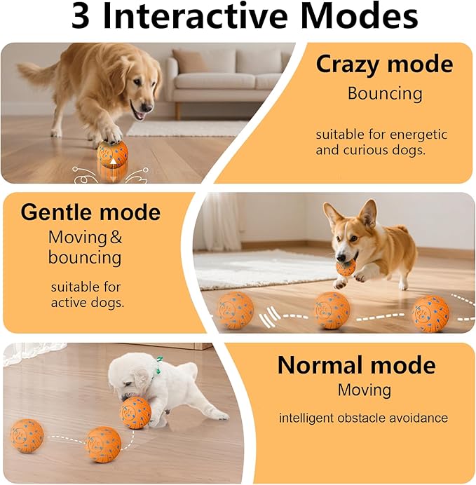 Smart Dog Ball: Automatic Bouncing, Vibration and Jumping Action Interactive Toy, Durable Duraspin for Aggressive Chewers, Rechargeable, for Indoor & Outdoor Use Orange.