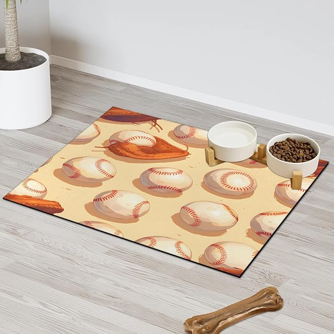 Baseball Dog Food Mat for Floors Absorbent, Quick Dry Water Dispenser Mat for Food, Water, Pet Supplies 16" x 24", Sports Theme