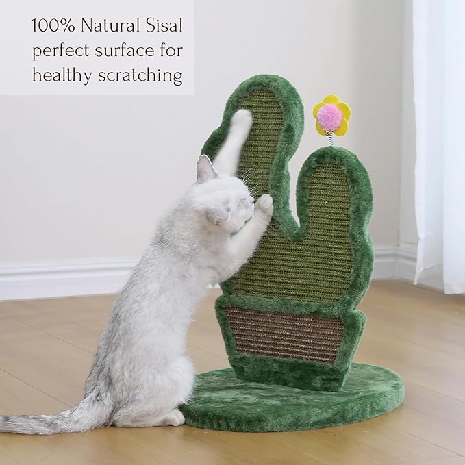 PetPals Cactus Cat Scratcher with Self- Grooming Brush, Double Sided Natural Sisal Scratching Pad, Potted Cactus Sisal Scratcher with Flower Toy, for Indoor Multi-Kitten Home,18" H