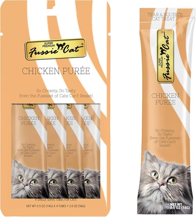 Fussie Cat Chicken Puree, lickable cat Treats, 0.5oz Pouch 4 Count (Pack of 4)