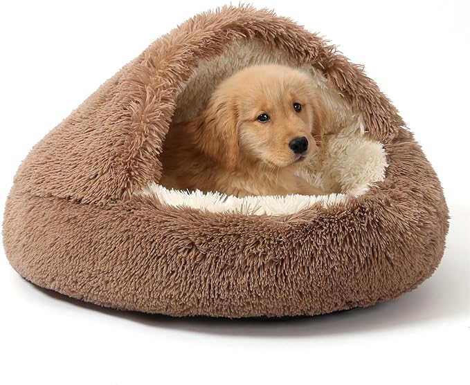 NOYAL Round Hooded Donut Dog Bed for Small & Medium Pets - Plush Fluffy Anti-Anxiety Cat Cave Bed with Cover