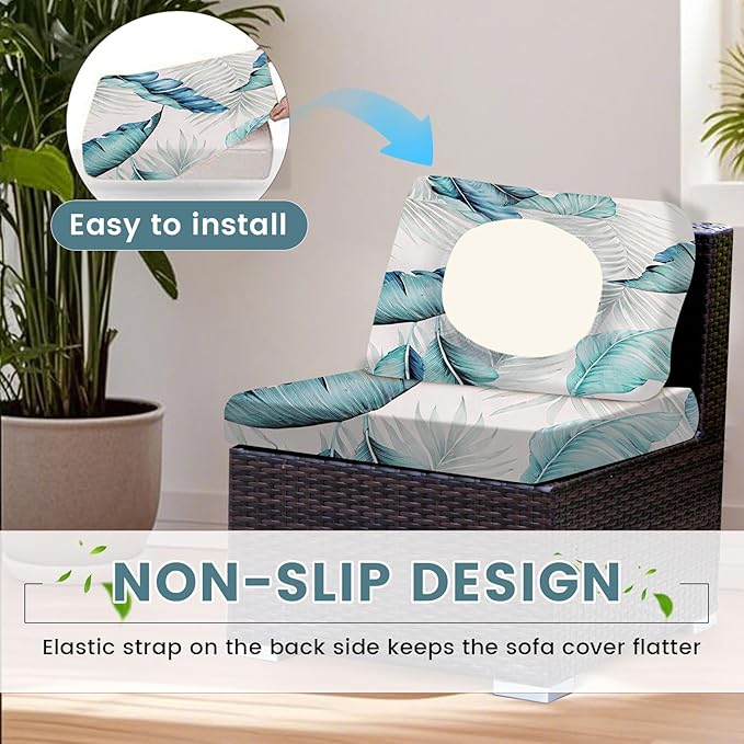 HANDONTIME 8Pcs Patio Cushion Covers Stretch Outdoor Couch Cover Replacement Cushions for Outdoor Furniture Waterproof Patio Furniture Covers for Pets Sofa Cover Washable (Blue Leave,Cover Only)