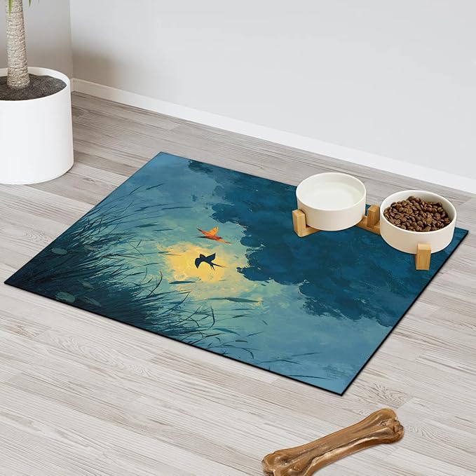 Grass Dog Food Mat for Floors Absorbent, Quick Dry Water Dispenser Mat for Food, Water, Pet Supplies 24" x 32", Sky