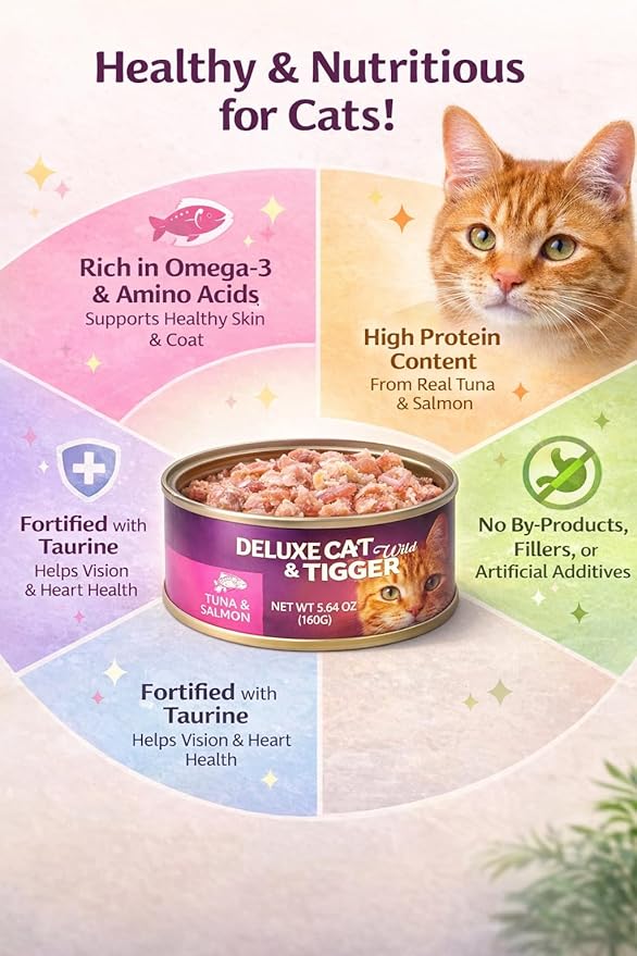 Deluxe Cat & Loveat Grain-Free Wet Cat Food, White Meat Tuna with Vitamins & Taurine, High Protein, No Preservatives, Complete Nutrition, 5.64oz Cans (12, Tuna & Salmon)