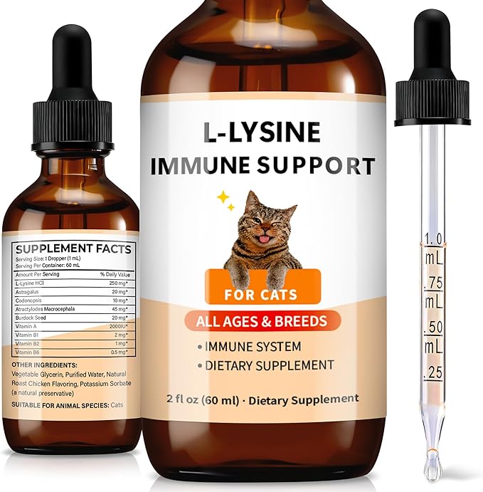 L-Lysine Supplement for Cats – Immune & Respiratory Support – 60ml Cat Lysine Drops with Roast Chicken Flavor – Supports Eye & Nose Health