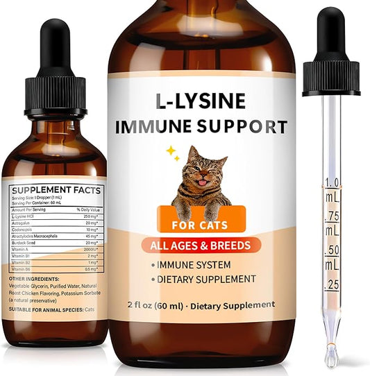 L-Lysine Supplement for Cats – Immune & Respiratory Support – 60ml Cat Lysine Drops with Roast Chicken Flavor – Supports Eye & Nose Health