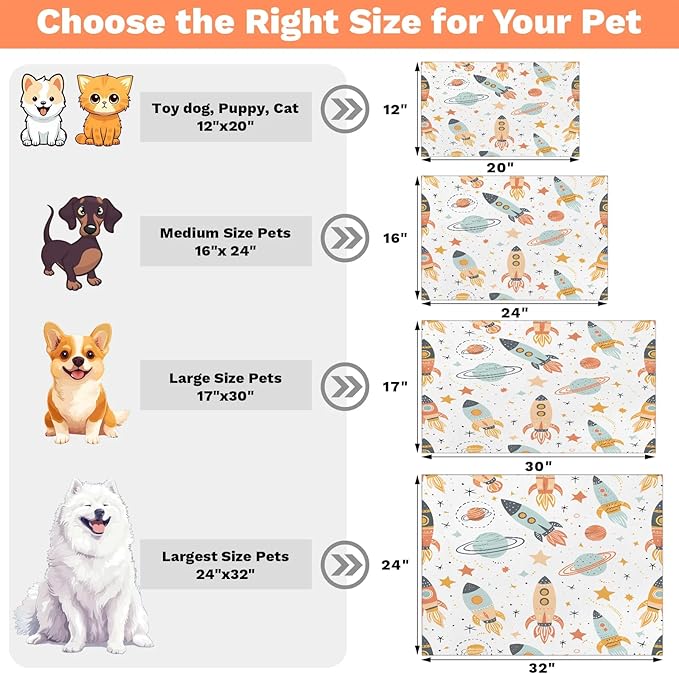 Outer Space Dog Food Mat for Floors Absorbent, Quick Dry Water Dispenser Mat for Food, Water, Pet Supplies 17" x 30", Rocket