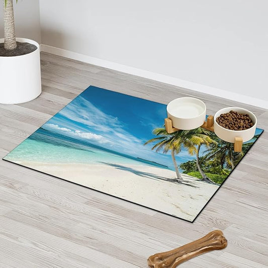 Palm Tree Dog Food Mat for Floors Absorbent, Quick Dry Water Dispenser Mat for Food, Water, Pet Supplies 24" x 32", Tropical Hawaii