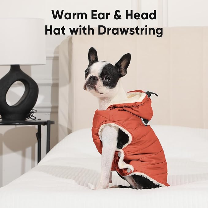 Fleece Lining Dog Hoodie with Harness Built in,Extra Warm Small Dog Jacket in Winter Puppy Coats with Drawstring Hooded,Orange XS