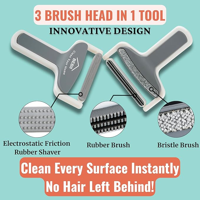 Upgraded BeBii Reusable Electrostatic Pet Hair Remover Tool – Deep Cleaner & Safe on Fabrics – Rubber Broom for Pet Hair, Reusable Cat & Dog Hair Remover for Clothes, Furniture, Rugs, Couches & Car