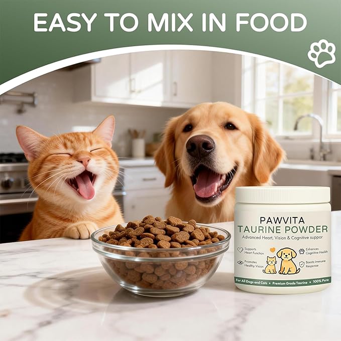 Pawvita Taurine Supplement – 99.9% Pure Taurine Powder for All Dogs and Cats，Advanced Heart, Vision & Cognitive suppor, Easy to Mix in Food200g(1)