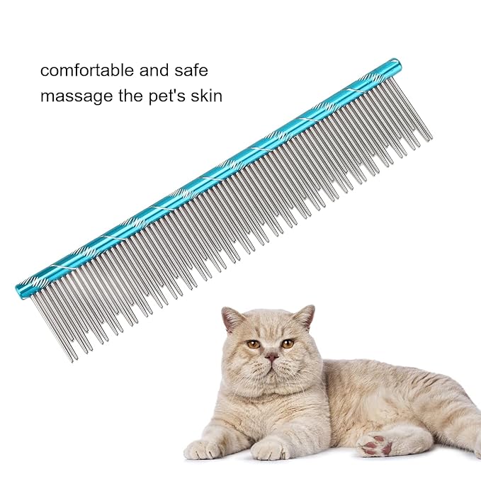 Pet Hair Removal Comb, Stainless Steel Cat Grooming Tool with Dual - Density Teeth, Open Knot Detangling Comb for Long and Short Haired Cats, Ergonomic Non - Slip Handle (Blue)