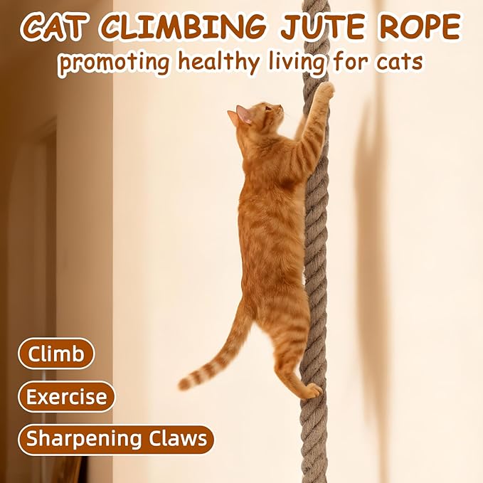 2" x 4.92Ft Cat Climbing Rope with Hook, Natural Cat Climbing Jute Rope for Wall Mounted, Durable Sisal Ropes for Indoor and Outdoor Cats Scratching Playing