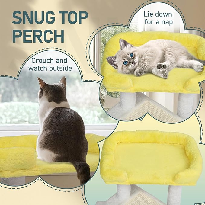 27.5in Plush Cat Tree, Multi-Level Cat Tower with Scratching Post and Pad, Cozy Condo & Padded Perch, Dangling Ball for Kittens and Indoor Cats, Compact Cat Furniture for Small Spaces (Yellow & White)