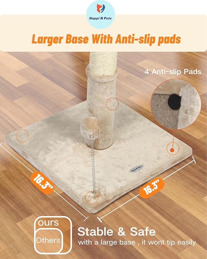 Happi N Pets 26" Cat Scratching Post with Platform, Sisal Cat Tree Tower for Indoor Cats, Featuring with Hanging Balls & Cozy Cat Perch, Stable Cat Scratch Posts for Kittens-Beige