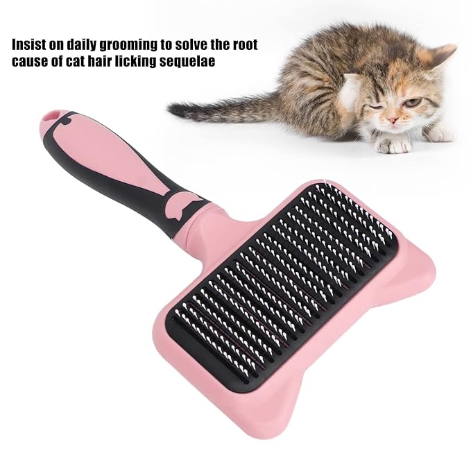 Cat Grooming Brush, Ergonomic Cat Brushes with 140 Degree Curved Teeth, Self Cleaning Slicker Brushes with Non Slip Handle and Resin Protection Point (Pink)
