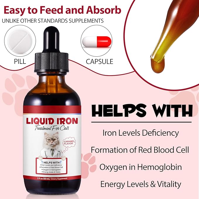 Iron Supplements for Cats, Liquid Iron for Cats, Liquid Iron Drops with Folate and B12 Supports Anemia, Low Enery Levels and Lethargy, Improve Energy Levels & Vitality, Cat Supplement