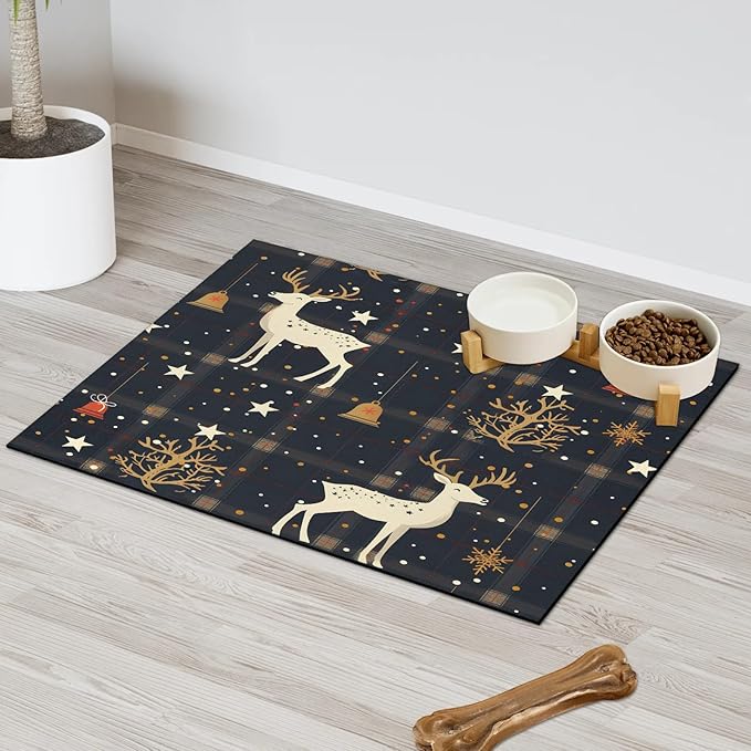 Christmas Deer Dog Food Mat for Floors Absorbent, Quick Dry Water Dispenser Mat for Food, Water, Pet Supplies 12" x 20", Xmas Tree