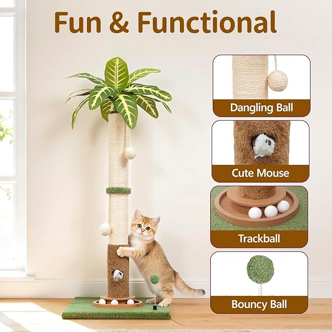 Tall Cat Scratching Post Vertical Pole for Indoor, 35" Palm Tree Sisal Scratch Post for Large Cats Kittens, Heavy Duty Wooden Carpet Pole with Ball Track Leaves, Furniture Protection