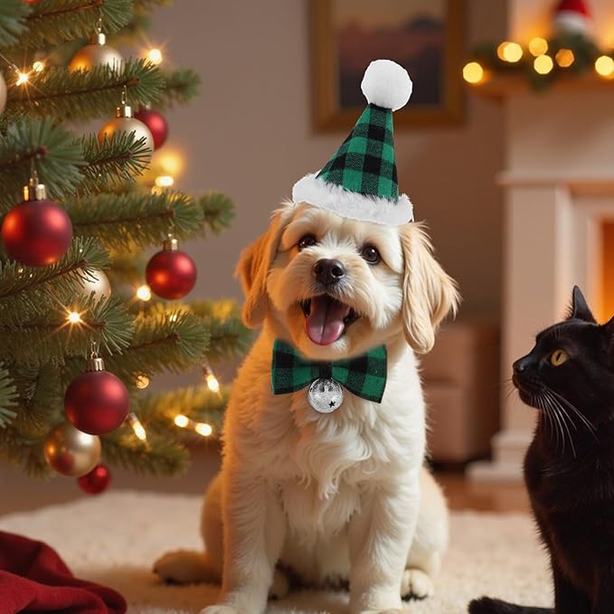 Outanaya Dog and Cat Christmas Hat and Bow Tie Set, Green Checkered and Red Geometric Pattern, Festive Pet Accessories for Small Dogs and Cats, Holiday Party Supplies