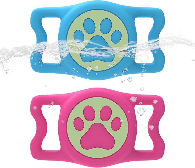2-Pack Airtag Holder for Dog Collar, Waterproof Silicone Protective Case Cover, Anti-Lost Tracker Universal Fit for All Width Pet Collars (Blue with Night Glow&Rose Red with Night Glow)