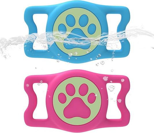 2-Pack Airtag Holder for Dog Collar, Waterproof Silicone Protective Case Cover, Anti-Lost Tracker Universal Fit for All Width Pet Collars (Blue with Night Glow&Rose Red with Night Glow)