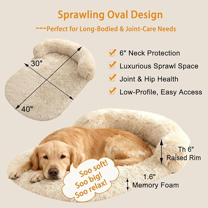 Calming Dog Beds for Medium Large Dogs, Orthopedic Cushion Plush Large Pet Bed Lounge with Washable Cover, Anti-Anxiety Soft Fluffy Faux Fur Fits up to 60 lbs Pets (Oval, Beige 40"x30")