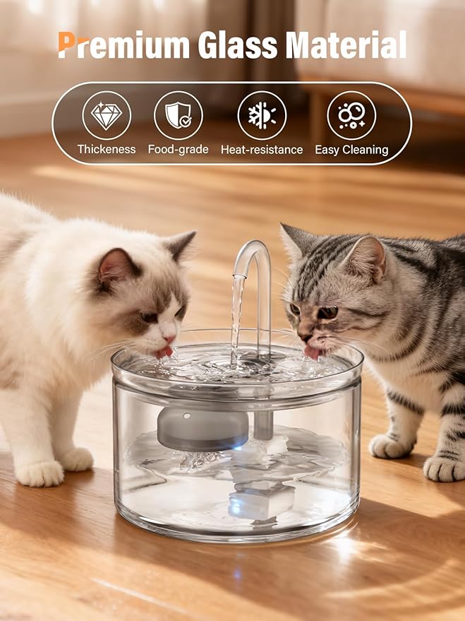 Cat Water Fountain, 74oz/2.2L All Glass Automatic Water Fountain with Ultra-Quiet Auto Shut-Off Pump, Easy to Clean Pet Water Dispenser for Cats, Kittens (with 8 Filters)