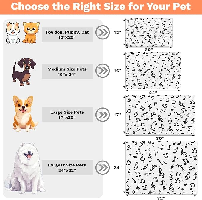 Black Note Dog Food Mat for Floors Absorbent Dog Bowl Mat for Food and Water Dispenser Quick Dry Cat Food Placemat Pet Supplies 24" x 32", Music