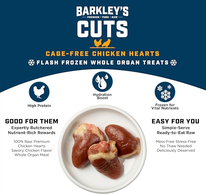Barkley’s Cuts, Frozen Raw Whole Chicken Hearts Dog Treats, Single Ingredient, Flash Frozen, High Protein Training Treats and Food Toppers for Puppies and Dogs, Human Grade Ingredients, 16 Oz Bag