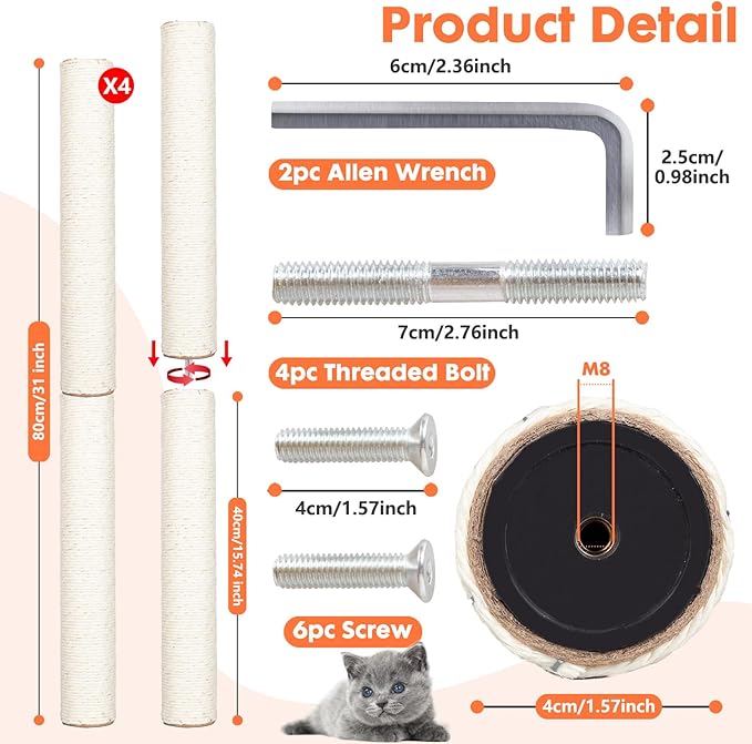PowerKing 4-Pack 15.7" Cat Scratching Post Replacement - Natural Sisal Rope Scratcher Poles with M8 Screws for Indoor Cat Tower Renewal Parts, Cat Furniture Refill Parts (White)