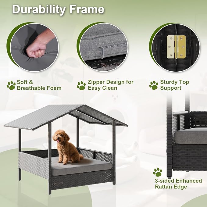 Waleaf Wicker Dog House Outdoor Indoor with Canopy and Removable Cushion, Elevated Rattan Dog Bed Shelter for Small/Medium Dogs, Weather Proof Cushion Cover Pet Cabana for Patio, Deck, Pool, Yard