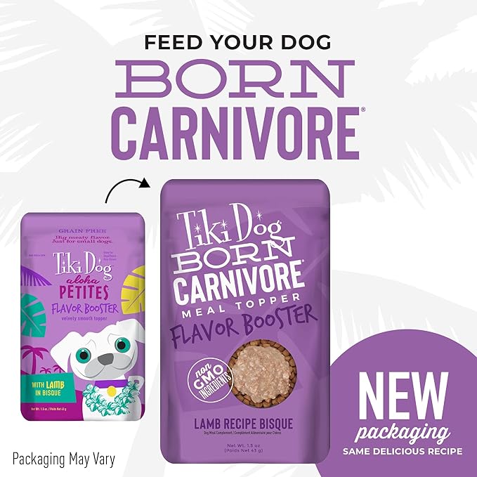 Tiki Dog Born Carnivore Flavor Booster, Lamb Recipe Bisque, Grain Free Meat Based Treat, Meal Topper for All Dog Breeds and All Life Stages, 1.5 oz. 12 Count